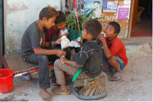 Street Children Huffing Glue at Boudhanath